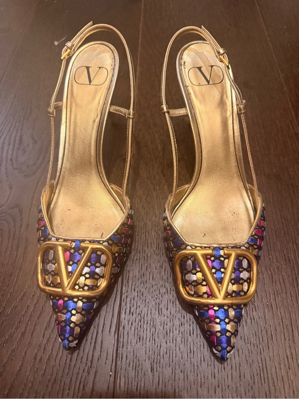 Valentino Multicolor Woven Pointed Slingback Heels with Gold V Buckle